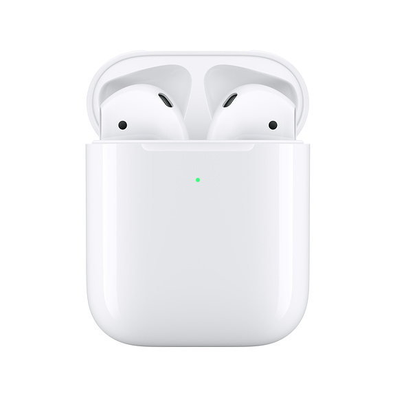 AirPods headphones with a wireless charging case.