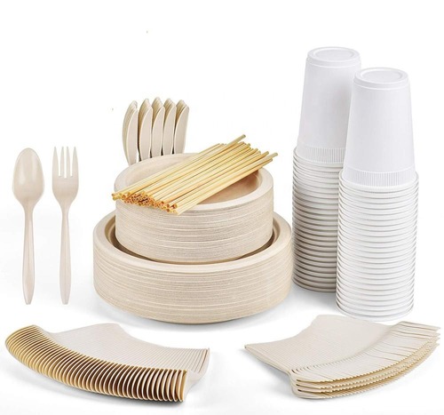 Juego de vajilla desechable compostable, ecológico y biodegradable (350 piezas).